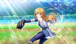 1girl ball baseball baseball_(object) baseball_glove baseball_stadium baseball_uniform belt black_belt blonde_hair blue_pantyhose blurry cinderella_series clenched_teeth depth_of_field detached_sleeves dress dust_cloud feet_out_of_frame film_grain floating_hair game_cg hachigatsu_no_cinderella_nine hair_ornament hairclip highres holding holding_ball kamabe_chiaki light_particles light_rays long_hair looking_at_viewer motion_blur non-web_source official_art outdoors pantyhose playing_sports sleeveless sleeveless_dress solo sportswear sunbeam sunlight teeth v-shaped_eyebrows yellow_eyes