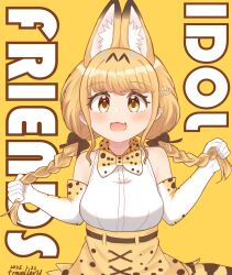 1girl alternate_hairstyle animal_ears bare_shoulders black_bow blush bow bowtie braid cat_ears cat_girl cat_tail elbow_gloves extra_ears fang gloves hair_bow high-waist_skirt highres kemono_friends long_hair open_mouth print_bow print_bowtie print_gloves print_skirt serval_(kemono_friends) serval_print shirt skirt sleeveless smile solo tail travellerll twin_braids white_gloves white_shirt yellow_eyes