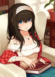 Rule 34 | 1girl, bad id, bad twitter id, black hair, blue eyes, blue skirt, blush, book, breasts, cleavage, eyes visible through hair, hairband, highres, holding, holding book, idolmaster, idolmaster cinderella girls, indoors, jewelry, long hair, looking at viewer, medium breasts, necklace, off-shoulder, off-shoulder sweater, off shoulder, omaru gyuunyuu, parted lips, pendant, ribbed sweater, sagisawa fumika, shawl, sitting, skirt, smile, solo, sweater, white sweater