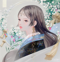 Rule 34 | 1girl, black hair, border, dadachyo, earrings, embroidery, flower, forehead jewel, from side, gem, japanese clothes, jewelry, lace, lips, long hair, original, parted lips, portrait, purple eyes, sidelocks, solo, straight hair, tassel, white flower
