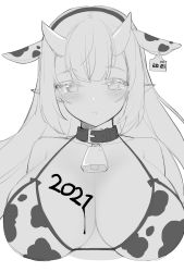 Rule 34 | 1girl, 2021, animal ears, bare shoulders, blush, breasts, chinese zodiac, cow ears, epic seven, fake animal ears, greyscale, highres, horns, large breasts, long hair, looking at viewer, monochrome, pointy ears, serin199, simple background, solo, upper body, white background, year of the ox, yufine (epic seven)