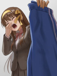 Rule 34 | 1girl, absurdres, blazer, blue pants, bow, bowtie, brown hair, brown jacket, brown skirt, closed eyes, collared shirt, commentary request, hair ribbon, hairband, highres, holding, holding clothes, holding pants, ishiyuki, jacket, kouyouen academy school uniform, long hair, long sleeves, official alternate costume, official alternate hair length, official alternate hairstyle, open mouth, pants, pink bow, pink bowtie, ribbon, school uniform, shirt, skirt, smelling, smelling clothes, solo, suzumiya haruhi, suzumiya haruhi no shoushitsu, suzumiya haruhi no yuuutsu, teeth, white shirt, winter uniform