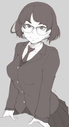 Rule 34 | 1girl, breasts, buttons, cardigan, closed mouth, collared shirt, eyebrows, glasses, grey background, greyscale, ina (gokihoihoi), long sleeves, looking at viewer, medium breasts, monochrome, necktie, original, school uniform, shirt, short hair, simple background, sketch, skirt, smile, solo