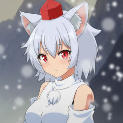 Rule 34 | 1girl, :&lt;, animal ear fluff, animal ears, blurry, blurry background, blush, breasts, cato (monocatienus), closed mouth, commentary request, detached sleeves, expressionless, grey hair, hair between eyes, hat, highres, inubashiri momiji, looking at viewer, medium bangs, medium breasts, mountainous horizon, outdoors, pom pom (clothes), red eyes, red hat, shirt, short hair, sleeveless, sleeveless shirt, snowing, solo, tokin hat, touhou, turtleneck, upper body, white shirt, white sleeves, wolf ears, wolf girl