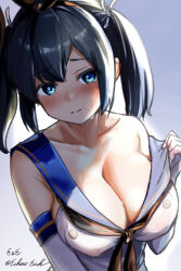 Rule 34 | 1girl, black neckerchief, blue eyes, blue hair, blue sailor collar, blush, breasts, cleavage, closed mouth, collarbone, cosplay, eckert&amp;eich, elbow gloves, gloves, hair between eyes, hair ribbon, hairband, highres, kantai collection, large breasts, looking at viewer, neckerchief, off shoulder, ribbon, sailor collar, shimakaze (kancolle), shimakaze (kancolle) (cosplay), simple background, solo, souryuu (kancolle), sweat, twintails, twitter username, upper body, white gloves