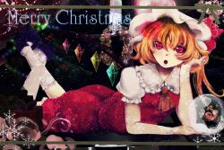Rule 34 | 1girl, :o, blonde hair, christmas, doily, female focus, flandre scarlet, hat, himeno yuka, looking at viewer, lying, merry christmas, on stomach, puffy sleeves, red eyes, short hair, short sleeves, side ponytail, skirt, skirt set, snow, snowflakes, solo, embodiment of scarlet devil, touhou, wings
