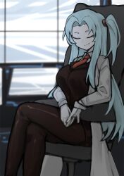 Rule 34 | 1girl, angela (project moon), black skirt, black vest, blue hair, breasts, brown pantyhose, chair, closed eyes, closed mouth, coat, collared shirt, crossed legs, highres, lab coat, large breasts, lobotomy corporation, long hair, long sleeves, monitor, necktie, office chair, one side up, pantyhose, parted bangs, pencil skirt, project moon, red necktie, shigezie, shirt, sidelocks, sitting, skirt, smile, solo, swivel chair, very long hair, vest, white coat, white shirt