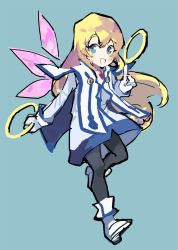 Rule 34 | 1girl, black pantyhose, blonde hair, blue eyes, colette brunel, dress, full body, gloves, kanyoko (yuzukano 17), long hair, looking at viewer, open mouth, pantyhose, simple background, smile, solo, tales of (series), tales of symphonia, weapon, wings