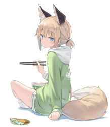Rule 34 | 1girl, animal ear fluff, animal ears, blonde hair, chopsticks, commentary request, cup ramen, fox ears, fox girl, fox tail, full body, green hoodie, highres, holding, holding chopsticks, hood, hood down, hoodie, instant soba, long sleeves, looking at viewer, looking back, maruchan midori no tanuki tensoba, no shoes, original, poco (asahi age), ponytail, shadow, sitting, sleeves past wrists, socks, soles, solo, tail, white background, white socks