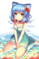 Rule 34 | 1girl, alternate costume, aqua dress, bad id, bad pixiv id, bare arms, bare shoulders, barefoot, blue eyes, blue hair, bow, breasts, choker, cirno, cleavage, collarbone, dress, flower, frown, hair bow, hair flower, hair ornament, ice, ice wings, matching hair/eyes, miya (tokumei), partially submerged, petals, sad, sitting, solo, touhou, v arms, wariza, water, wings