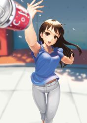 Rule 34 | 10s, 1girl, :d, arm up, armpits, blue shirt, blurry, blurry background, blurry foreground, breasts, brown eyes, brown hair, can, collarbone, commentary request, day, denim, depth of field, drink can, fingernails, floating hair, head tilt, highres, jeans, jewelry, long hair, looking at viewer, medium breasts, necklace, onee-san (penguin highway), open mouth, outdoors, outstretched arm, panties, pants, penguin highway, ranma (kamenrideroz), shirt, short sleeves, smile, soda can, solo, standing, sunlight, teeth, thigh gap, throwing, tree shade, underwear, upper teeth only, vending machine, white pants