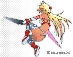 Rule 34 | 1girl, armpits, ass, ayumi (x-blades), blonde hair, blue eyes, elbow gloves, g-room honten, gloves, long hair, open mouth, panties, solo, sword, thong, tri tails, twintails, underwear, very long hair, weapon, x-blades