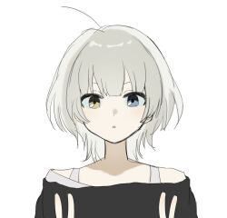 Rule 34 | 1girl, ahoge, anon8p, bang dream!, bang dream! it&#039;s mygo!!!!!, black shirt, blue eyes, blunt bangs, heterochromia, kaname raana, looking at viewer, medium hair, parted lips, shirt, simple background, single bare shoulder, solo, upper body, white background, white hair, wolf cut, yellow eyes
