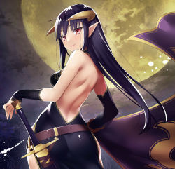 Rule 34 | 1girl, 47agdragon, arm warmers, ass, backless outfit, bare back, bare shoulders, belt, cloud, cloudy sky, commentary, demon girl, dress, full moon, horns, lips, long hair, looking at viewer, looking back, moon, night, night sky, original, parted lips, purple eyes, sheath, sheathed, sky, smile, solo, sword, weapon