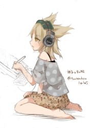 Rule 34 | 1girl, :o, alternate costume, barefoot, blonde hair, casual, contemporary, drawing, drawing tablet, floral print, headphones, pen, pointy hair, shirt, sitting, skirt, solo, stylus, touhou, toutenkou, toyosatomimi no miko, wariza, white background, yellow eyes