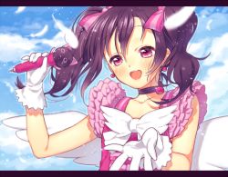 Rule 34 | 10s, 1girl, :d, bad id, bad pixiv id, black hair, blue sky, blush, bow, choker, cloud, day, dress, earrings, feathers, frills, gloves, hair bow, jewelry, kuroki (ma-na-tu), letterboxed, long hair, love live!, love live! school idol festival, love live! school idol project, microphone, open mouth, pink dress, pink eyes, red dress, sky, smile, solo, twintails, white gloves, white wings, wings, yazawa nico