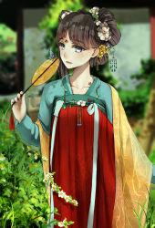 Rule 34 | 1girl, bad id, bad pixiv id, black hair, blue eyes, blurry, blurry background, breasts, bug, butterfly, chinese clothes, eyebrows, eyelashes, facial mark, flower, forehead mark, garden, hair bun, hair flower, hair ornament, hair stick, hand fan, hanfu, highres, holding, holding fan, insect, jewelry, magicians (zhkahogigzkh), neck tattoo, necklace, original, outdoors, parted lips, shawl, sidelocks, single hair bun, small breasts, tassel, tattoo, traditional clothes, white flower
