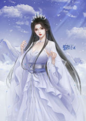 Rule 34 | 1girl, absurdres, artist request, black hair, blue sky, closed mouth, cloud, collar, dress, expressionless, facial mark, forehead mark, highres, index finger raised, light rays, long hair, long sleeves, lu xueqi (zhu xian), mountain, sash, second-party source, sky, solo, upper body, white dress, zhu xian