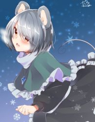 Rule 34 | 1girl, abe suke, animal ears, black skirt, blush, brown eyes, capelet, grey hair, jewelry, long sleeves, looking at viewer, mouse ears, mouse tail, nazrin, necklace, open mouth, short hair, signature, skirt, skirt set, snowflakes, solo, tail, touhou