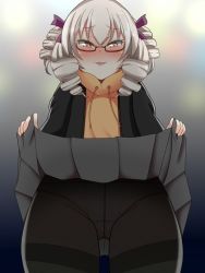 Rule 34 | 1girl, black jacket, black pantyhose, blonde hair, blush, bow, clothes lift, commentary request, cookie (touhou), cowboy shot, drill hair, drill sidelocks, from below, glasses, grey skirt, hair bow, hood, hood down, hoodie, jacket, lifted by self, looking at viewer, luna child, nose blush, onaho (otayoku), open mouth, panties, panties under pantyhose, pantyhose, purple bow, riran youkyu, semi-rimless eyewear, short hair, sidelocks, skirt, skirt lift, solo, touhou, under-rim eyewear, underwear, yellow eyes, yellow hoodie