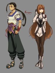 Rule 34 | 1boy, 1girl, arm behind back, black gloves, black hair, blue eyes, brown hair, clenched hands, commentary request, dress, elhaym van houten, fei fong wong, full body, gloves, green pants, grey background, highres, long hair, looking to the side, low ponytail, open mouth, pants, pantyhose, short sleeves, single hair intake, standing, white dress, white footwear, xenogears, yamamori kinako