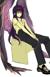 Rule 34 | akemi homura, akuma homura, alternate costume, alternate hair ornament, black footwear, black hair, black pants, black wings, bow, commentary request, expressionless, feathered wings, hair between eyes, hair bow, hairband, high-waist pants, highres, koyomania, long hair, mahou shoujo madoka magica, mahou shoujo madoka magica: hangyaku no monogatari, own hands together, pants, purple eyes, purple wings, reclining, red bow, red hairband, shirt, shoes, short sleeves, sidelocks, simple background, sitting, sneakers, solo, stool, white background, white shirt, wings