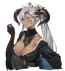Rule 34 | 1girl, breasts, cleavage, dark skin, elbow gloves, fang, fang out, fediel (granblue fantasy), fediel (soul soother&#039;s finery) (granblue fantasy), glasses, gloves, granblue fantasy, grey hair, hashibiro kou (garapiko p), highres, horns, large breasts, long hair, looking at viewer, off shoulder, pointy ears, ponytail, purple eyes, smirk, upper body, white background