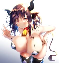 Rule 34 | 1girl, animal ears, animal print, arknights, bad id, bad pixiv id, bell, bikini, blush, breasts, cleavage, collar, cow ears, cow girl, cow horns, cow print, female focus, gradient background, highres, horns, large breasts, leaning forward, long hair, nidaime (doronbo), sideroca (arknights), solo, sweat, swimsuit, tail, thighhighs