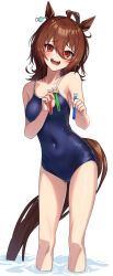 Rule 34 | 1girl, agnes tachyon (umamusume), ahoge, animal ears, blue one-piece swimsuit, breasts, brown hair, commentary request, covered navel, hair between eyes, highres, holding, holding test tube, horse ears, horse girl, horse tail, looking at viewer, medium breasts, one-piece swimsuit, open mouth, partially submerged, red eyes, school swimsuit, short hair, simple background, solo, standing, swimsuit, tail, teeth, test tube, tks (526tks), tracen swimsuit, umamusume, water, white background