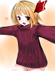 Rule 34 | 1girl, blonde hair, bow, female focus, hair ribbon, han (jackpot), no pants, open mouth, red eyes, ribbed sweater, ribbon, rumia, short hair, smile, solo, sweater, touhou