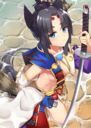 Rule 34 | 1girl, armor, asymmetrical sleeves, bad id, bad pixiv id, black hair, black hat, blue eyes, braid, breasts, commentary request, detached sleeves, eyebrows, fate/grand order, fate (series), hat, holding, holding sword, holding weapon, japanese armor, katana, kusazuri, long hair, looking at viewer, medium breasts, mismatched sleeves, pinta (ayashii bochi), pom pom (clothes), revealing clothes, shore, single braid, solo, sword, unsheathed, ushiwakamaru (fate), weapon