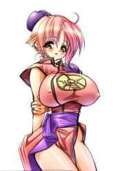 Rule 34 | 1girl, :o, ahoge, armor, arms behind back, blush, breasts, bun cover, china dress, chinese clothes, covered erect nipples, cowboy shot, dragon quest, dragon quest dai no daibouken, dress, gunner-l, high collar, holding own arm, huge breasts, large breasts, looking at viewer, maam, open mouth, parted bangs, pauldrons, pink dress, pink hair, sash, short hair, short sleeves, shoulder armor, side slit, simple background, sketch, solo, taut clothes, taut dress, white background, yellow eyes