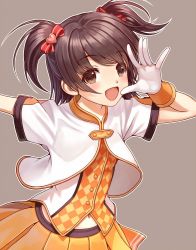Rule 34 | 10s, 1girl, akagi miria, black hair, blush, brown eyes, commentary request, gloves, hair ornament, hair ribbon, idolmaster, idolmaster cinderella girls, looking at viewer, nekopuchi, open mouth, pleated skirt, ribbon, short hair, short sleeves, simple background, skirt, smile, solo, twintails, two side up, white gloves