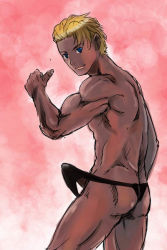 Rule 34 | 1boy, ass, back, blonde hair, blue eyes, bulge, dark-skinned male, dark skin, erection, erection under clothes, from behind, fundoshi, guin sard lineford, gundam, japanese clothes, male focus, male thong, man thong, michael f91, muscular, penis, penis peek, topless male, short hair, smile, solo, thumbs up, turn a gundam