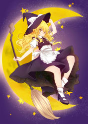 Rule 34 | 1girl, apron, black dress, blonde hair, blush, bobby socks, bow, braid, broom, brown eyes, closed mouth, crescent moon, dress, full body, hair bow, hat, highres, kirisame marisa, long hair, looking at viewer, mary janes, moon, puffy short sleeves, puffy sleeves, rimu (kingyo origin), shoes, short sleeves, side braid, sky, smile, socks, solo, star (sky), star (symbol), starry sky, touhou, waist apron, wavy hair, white bow, white socks, witch hat