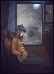 1girl ahoge bare_shoulders black_border black_hair black_pants blue_jacket border brown_eyes brown_jacket chair from_side gloomy_(leonzo) hands_in_pockets highres indoors jacket khmuro leonzo medium_hair night orange_eyes orange_jacket original pants reflection sad short_ponytail sitting snowing train_interior white_jacket