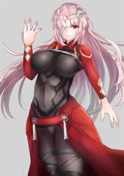 Rule 34 | 1girl, archer (fate), archer (fate) (cosplay), bandages, black bodysuit, black thighhighs, bodysuit, breasts, cloak, cosplay, costume switch, fate/grand order, fate (series), florence nightingale (fate), grey background, hair over one eye, highres, large breasts, leg belt, long hair, looking at viewer, pink hair, red eyes, simple background, solo, thighhighs, yutoriko (candy0905)
