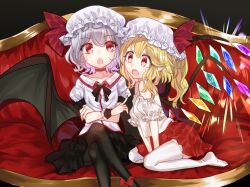 Rule 34 | 2boys, bat wings, black pantyhose, black ribbon, blonde hair, couch, crossed legs, crystal wings, flandre scarlet, full body, grey hair, hat, hat ribbon, kanta (pixiv9296614), mob cap, multiple boys, neck ribbon, on couch, open mouth, pantyhose, pointy ears, puffy short sleeves, puffy sleeves, red ribbon, remilia scarlet, ribbon, short sleeves, side ponytail, sitting, thighhighs, touhou, wariza, white thighhighs, wings