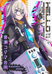 1girl absurdres black-framed_eyewear black_choker black_gloves black_jacket blonde_hair blue_archive blue_necktie braid choker comiket_105 commentary_request core1013 cover cover_page english_text glasses gloves grid_background gun halo handgun hands_up headphones headphones_around_neck highres holding holding_gun holding_strap holding_weapon jacket kotama_(blue_archive) long_hair looking_at_viewer looking_over_eyewear necktie open_clothes open_jacket orange_gloves parted_lips purple_eyes purple_halo shirt side_braid solo translation_request two-sided_fabric two-sided_jacket two-tone_gloves weapon white_background white_shirt