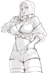 Rule 34 | 1girl, breasts, cleavage, cowboy bebop, crop top, evan yang, unworn eyewear, faye valentine, greyscale, hairband, hand in pocket, highres, jacket, jacket partially removed, large breasts, legs together, monochrome, navel, panties under shorts, parted bangs, short hair, short shorts, shorts, sketch, skindentation, solo, sunglasses, tank top, thick thighs, thighhighs, thighs, thong