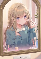 Rule 34 | 1girl, blue sweater, blush, brown hair, closed mouth, collared shirt, comiket 103, commentary request, hair between eyes, hair ornament, hairclip, hands up, highres, holding, indoors, kanda done, long hair, long sleeves, makeup brush, mirror, original, puffy long sleeves, puffy sleeves, purple eyes, reflection, shirt, sleeves past wrists, solo, sweater, upper body, white shirt