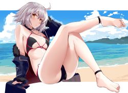 Rule 34 | 1girl, absurdres, ahoge, bikini, black bikini, black choker, blue jacket, breasts, choker, coat, commentary request, fate/grand order, fate (series), full body, fur-trimmed coat, fur-trimmed jacket, fur-trimmed sleeves, fur trim, highres, jacket, jeanne d&#039;arc alter (swimsuit berserker) (fate), jeanne d&#039;arc (fate), jeanne d&#039;arc alter (fate), jeanne d&#039;arc alter (swimsuit berserker) (fate), jeanne d&#039;arc alter (ver. shinjuku 1999) (fate), large breasts, o-ring, o-ring bikini, o-ring bottom, o-ring top, official alternate costume, open clothes, open coat, open jacket, short hair, shunichi, silver hair, sitting, solo, swimsuit, wicked dragon witch ver. shinjuku 1999, yellow eyes