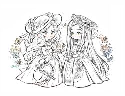 Rule 34 | 2girls, back bow, blush stickers, bouquet, bow, buttons, choker, closed mouth, commentary, detached collar, dress, dress ribbon, flower, frilled choker, frilled dress, frilled headwear, frilled sleeves, frills, full body, giving, green eyes, hat, hat flower, hat ribbon, highres, holding, holding bouquet, holding flower, leaf, lineart, long dress, long eyelashes, long hair, long sleeves, multiple girls, open mouth, original, partially colored, pleated dress, red lips, ribbon, rose, saelah andlus, sidelocks, simple background, sleeves past elbows, smile, square neckline, straight hair, sun hat, symbol-only commentary, very long hair, wavy hair, white background, yellow eyes, yuri