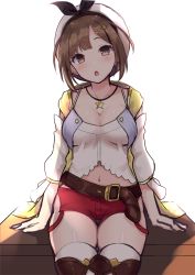 Rule 34 | 1girl, :o, atelier (series), atelier ryza, atelier ryza 1, belt, blush, breasts, brown belt, brown eyes, brown hair, brown thighhighs, cleavage, collarbone, hair ornament, hairclip, hat, jewelry, looking at viewer, medium breasts, midriff peek, navel, necklace, red shorts, reisalin stout, sei000, short hair, short shorts, shorts, simple background, sitting, solo, star (symbol), star necklace, thighhighs, thighs, white background, white hat, white thighhighs