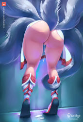 Rule 34 | 1girl, after vaginal, aftersex, ahri (league of legends), ass, clothes, clothes lift, cum, cum in pussy, hanshyn, highres, league of legends, multiple tails, open clothes, pussy, riot games, solo, stuck, tail, vaginal