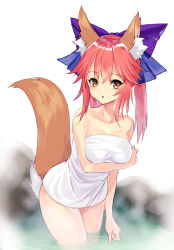 Rule 34 | 10s, 1girl, :o, animal ears, arm at side, bare shoulders, bathing, blue ribbon, bow, breast hold, breasts, collarbone, cowboy shot, fate/extra, fate (series), fox ears, fox girl, fox tail, hair between eyes, hair bow, hair ribbon, long hair, looking at viewer, medium breasts, naked towel, onsen, open mouth, partially submerged, pink hair, purple bow, ribbon, solo, steam, tail, tamamo no mae (fate/extra), tangamja, towel, wading, water, white towel, yellow eyes
