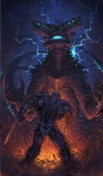 Rule 34 | arm blade, battle, battle damage, bioluminescence, chain sword, damaged, electricity, electrokinesis, epic, fire, from below, gd6 chain sword, gipsy danger, glowing, glowing blood, glowing eyes, glowing mouth, glowing veins, height difference, highres, jaeger (pacific rim), kaijuu, legendary pictures, lightning, mecha, missing limb, monster, neon trim, no humans, pacific rim, pan pacific defense corps, robot, size difference, slattern, super robot, sword, tatsuya (atelier road), veins, weapon, whip, whip sword, wrist blades