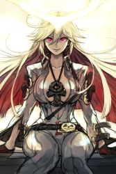 Rule 34 | 1girl, ankh, arc system works, belt, blonde hair, bodysuit, breasts, center opening, cleavage, spiked halo, floating hair, gloves, guilty gear, guilty gear xrd, halo, hungry clicker, jack-o&#039; valentine, jewelry, large breasts, long hair, looking at viewer, multicolored hair, necklace, red eyes, red hair, sitting, smile, solo, two-tone hair, white hair
