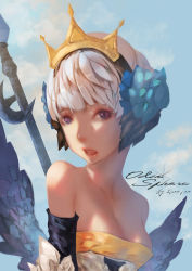 Rule 34 | 1girl, bare shoulders, breasts, cleavage, dated, day, gwendolyn (odin sphere), highres, hu dako, no choker, odin sphere, purple eyes, short hair, small breasts, solo, vanillaware, white hair