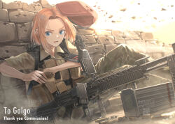 Rule 34 | 1girl, ammunition box, blonde hair, blue eyes, brick wall, bullet hole, commission, commissioner name, dreadtie, english text, gun, hat, highres, lanyard, machine gun, military uniform, original, red hat, shell casing, short hair, skeb commission, solo, uniform, watermark, weapon